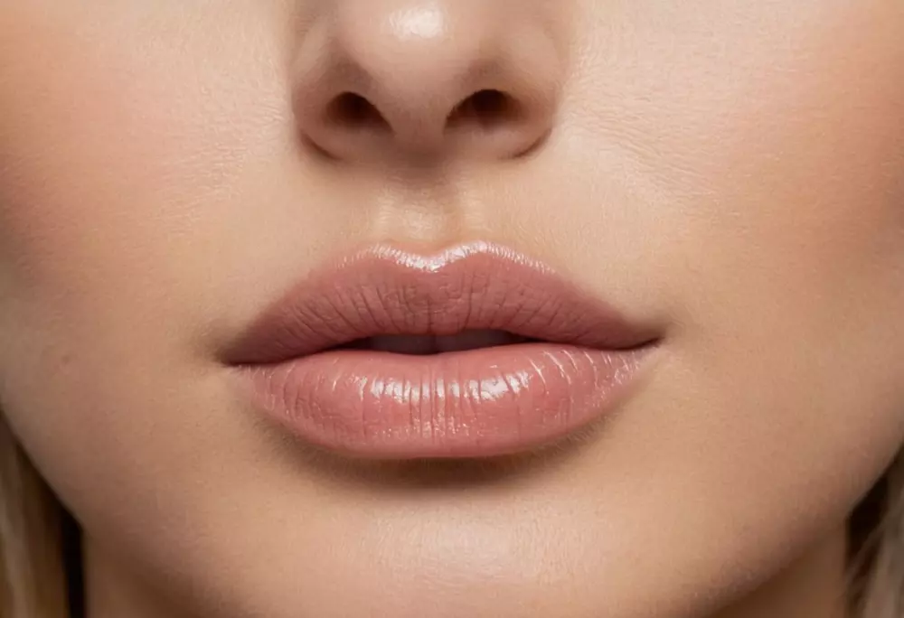 Nahaufnahme der Lippen vor und nach der Juvederm-Behandlung, die die Zunahme des Volumens zeigt, in einer klinischen Umgebung, fotografisch, unter Verwendung einer hochauflösenden DSLR-Kamera mit einem Makroobjektiv, um detaillierte Unterschiede festzuhalten.