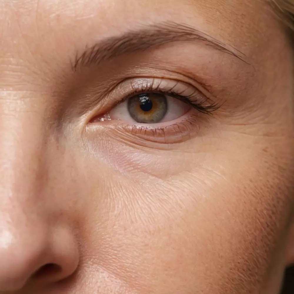 Nahaufnahme von Augenfalten vor und nach der Behandlung mit Hyaluronsäure, die eine klare Verbesserung zeigt, bei weichem natürlichem Licht. Foto in hoher Auflösung mit scharfem Fokus.