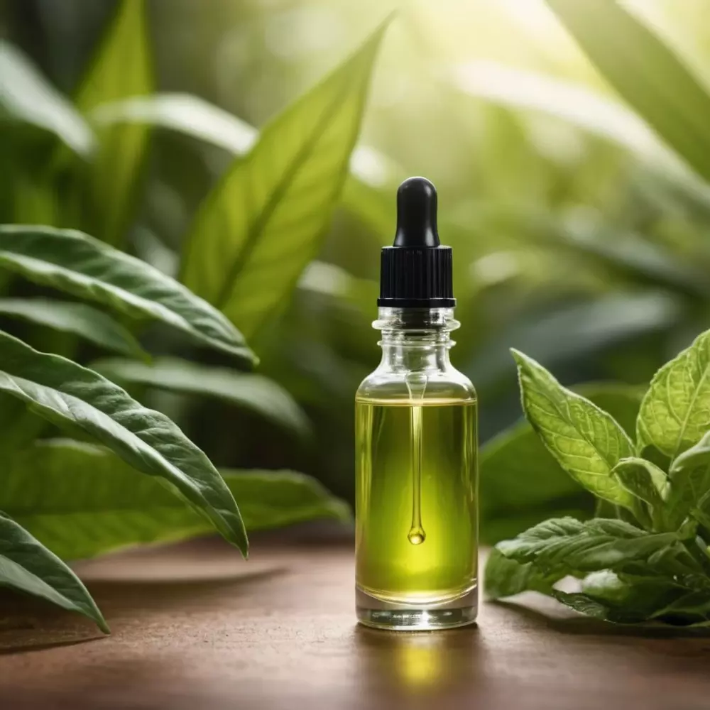 Eine Flasche mit Hyaluronsäure-Serum und Pipette, umgeben von natürlichen Elementen wie Pflanzen, im klaren, natürlichen Licht, in einem hochauflösenden fotografischen Stil.