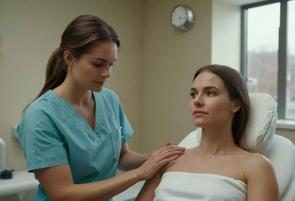 Ein ruhiger Patient, der ambulant Narbenbehandlungen in einer hellen, einladenden Klinik erhält. Fotografiert mit natürlicher Beleuchtung, Nahaufnahme mit einer Sony Alpha 1.