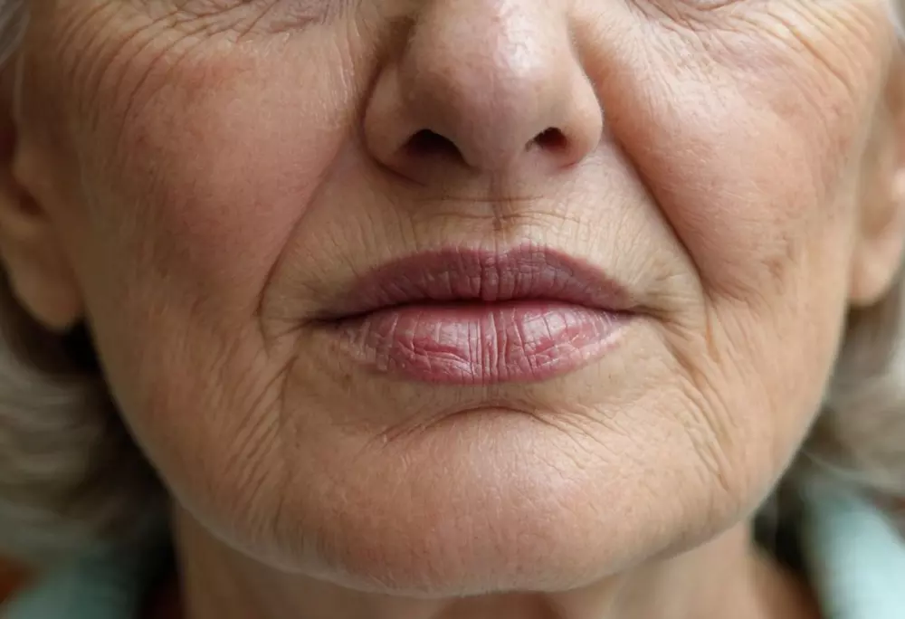 Die Lippen eines älteren Menschen zeigen Anzeichen des Alterns, mit Fokus auf feinen Linien und Ausdünnung, in einer natürlichen Umgebung, die die Gelassenheit des Alterns einfängt. Fotografie, umgesetzt mit hoher Auflösung und detaillierter Textur.