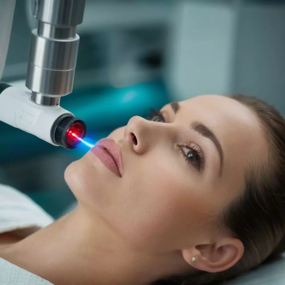 Eine Nahaufnahme einer fraktionierten CO2-Laser-Maschine in einer klinischen Umgebung, Fokus auf dem Kopf und den Steuerelementen der Maschine, in einer professionellen medizinischen Umgebung. Fotografie, detailliertes Foto, das die Technologie und Einstellungen des Geräts einfängt.