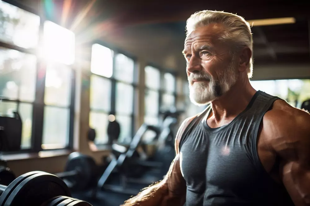 Ein älterer Mann hebt Gewichte in einem Fitnessstudio, konzentrierter Ausdruck, zeigt gut definierte Muskeln, in einer hellen, modernen Fitnessstudio-Umgebung, mit einfallendem Tageslicht, fotografischer Stil, aufgenommen mit einer scharfen Fokussierung im mittleren Schuss, um Stärke und Vitalität zu betonen.