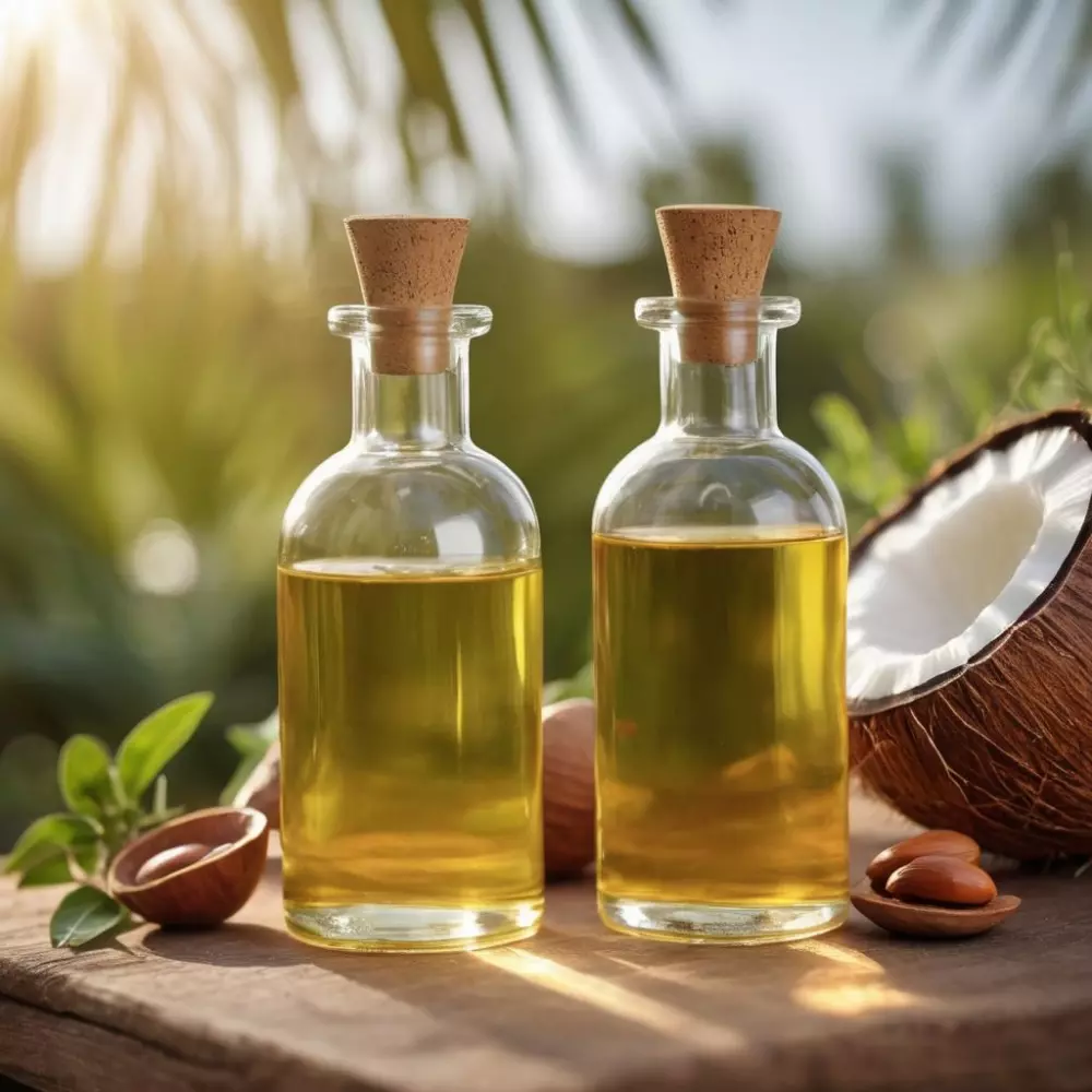 Flaschen mit natürlichen Ölen wie Kokos- und Arganöl, mit einem sanften unscharfen Hintergrund eines Kräutergartens, Morgenlicht, detaillierter fotografischer Stil.