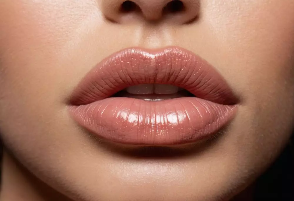 Nahaufnahme von Lippen, die eine feuchtigkeitsspendende Lippenmaske tragen, um die Textur und Passform der Maske auf sinnlichen Lippen zu zeigen, in einem fotografischen Stil, aufgenommen mit einem Makroobjektiv und weichem Studiolicht.