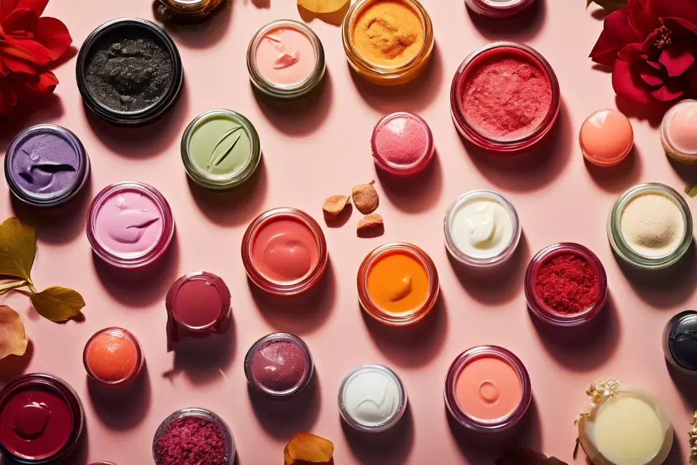 Ein Array verschiedener Arten von feuchtigkeitsspendenden Lippenbalsamen, die auf einer weichen strukturierten Oberfläche ausgelegt sind und ihre Vielfalt und Texturen hervorheben. Fotografie, Hochauflösende Fotografie mit Fokus auf den Produkttexturen und natürlichem Licht.