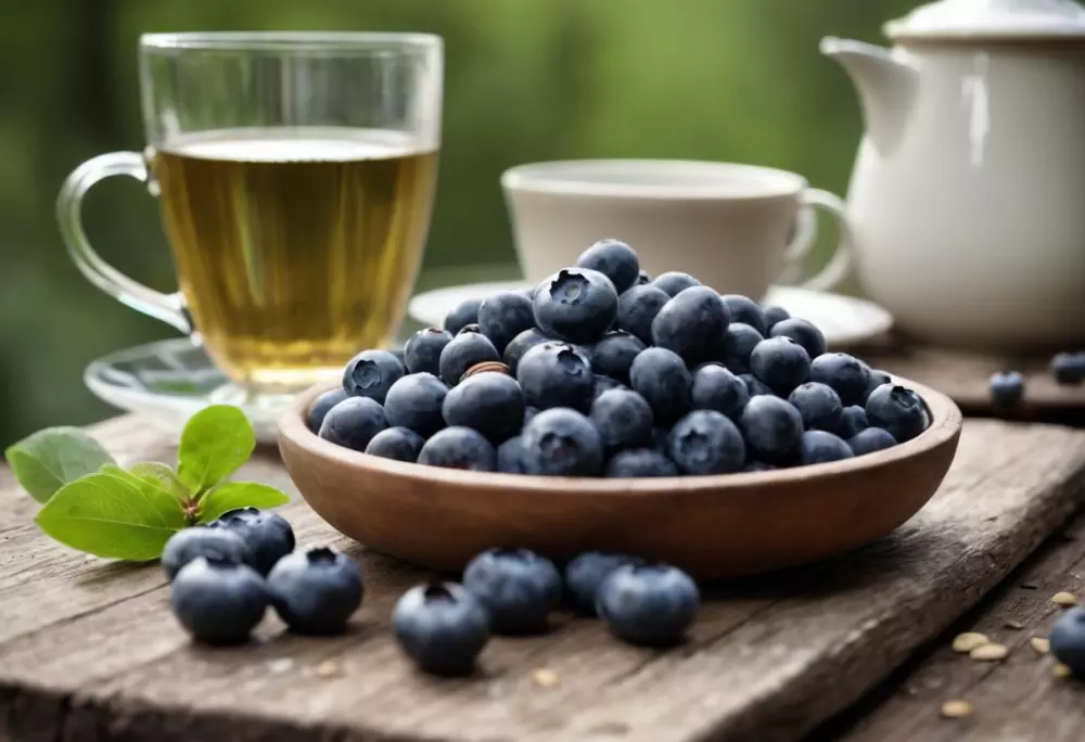 Nahaufnahme von antioxidantienreichen Lebensmitteln wie Blaubeeren, Nüssen und grünem Tee auf einem rustikalen Tisch, die ihre Anti-Aging-Eigenschaften hervorheben, in einer natürlichen Außenumgebung, ruhige und einladende Atmosphäre, Fotografie, Makrofotografie mit Fokus auf Textur und natürlichen Farben.