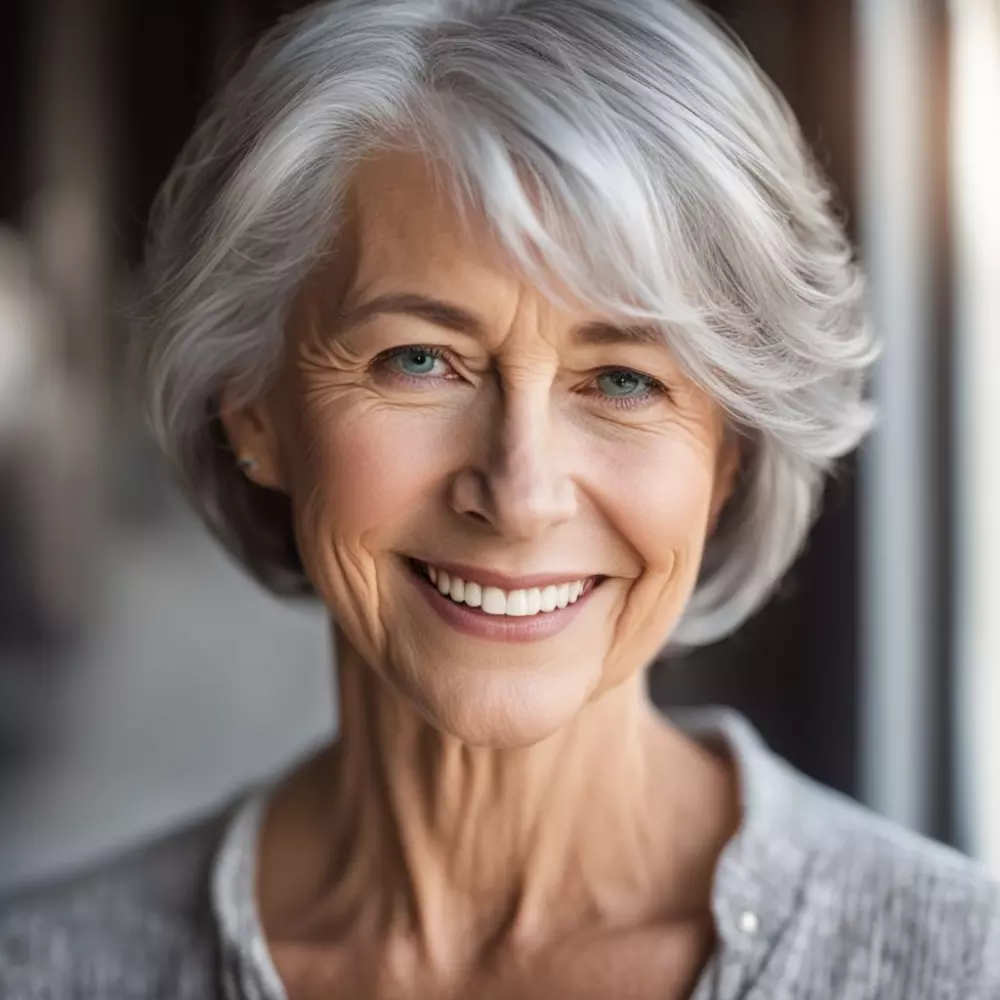 Eine Nahaufnahme einer lächelnden Person mit elegantem grauem Haar, der Fokus liegt auf ihren selbstbewussten Augen und gepflegten Haaren. Fotografiert mit einem Porträtobjektiv in weichem natürlichem Licht, um die Textur und den Glanz des grauen Haares hervorzuheben.
