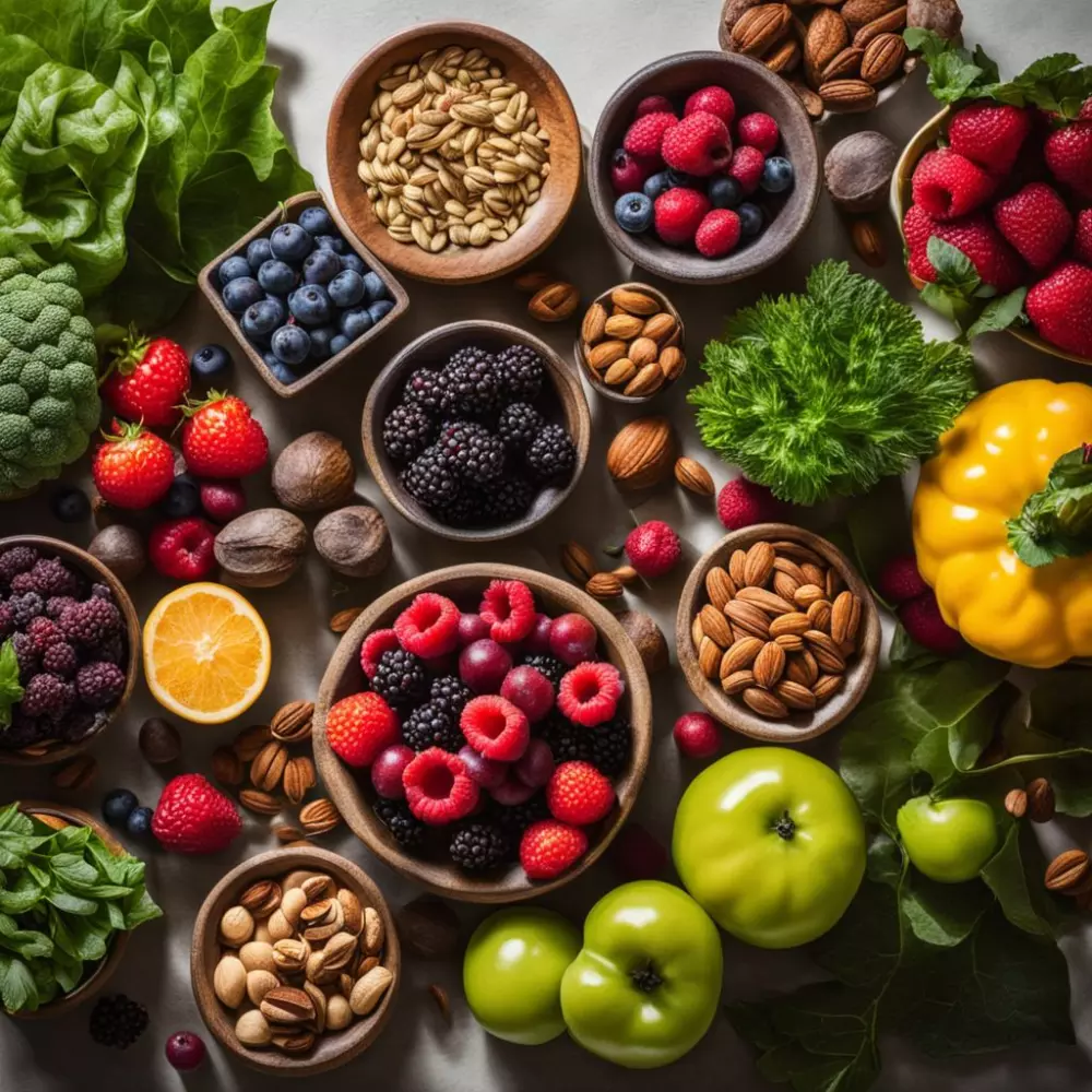 Eine lebendige Darstellung von Lebensmitteln, die reich an Antioxidantien wie Beeren, Nüssen und grünem Blattgemüse sind, kunstvoll auf einer modernen Küchentheke arrangiert, im hellen Tageslicht, eingefangen in einem hochauflösenden fotografischen Stil.