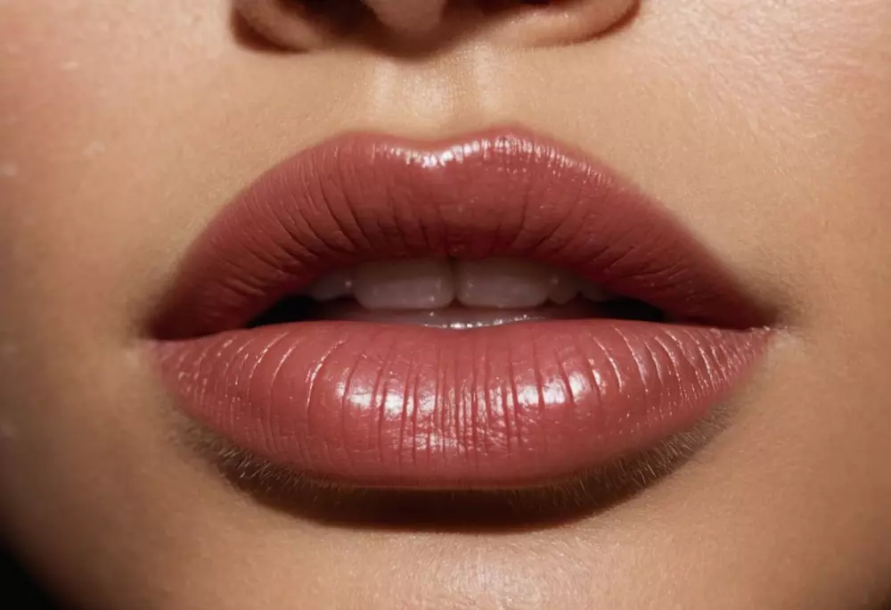 Close-up of full, hydrated lips showing a natural and healthy appearance, with soft, diffused lighting, photographic style.