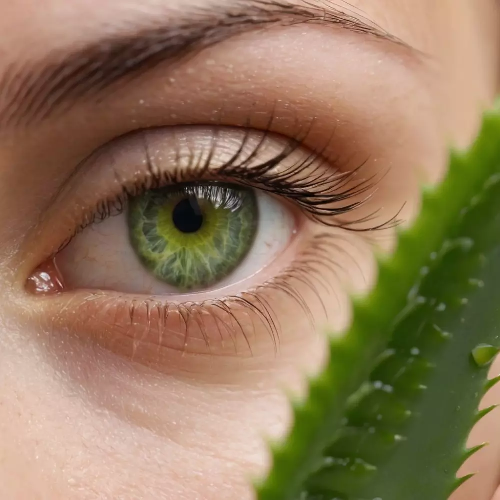 Nahaufnahme einer Hand, die Aloe Vera Gel unter das Auge aufträgt, grüne Aloe-Pflanze im Hintergrund, innen, weiches Licht, fotografischer Stil in hoher Auflösung.