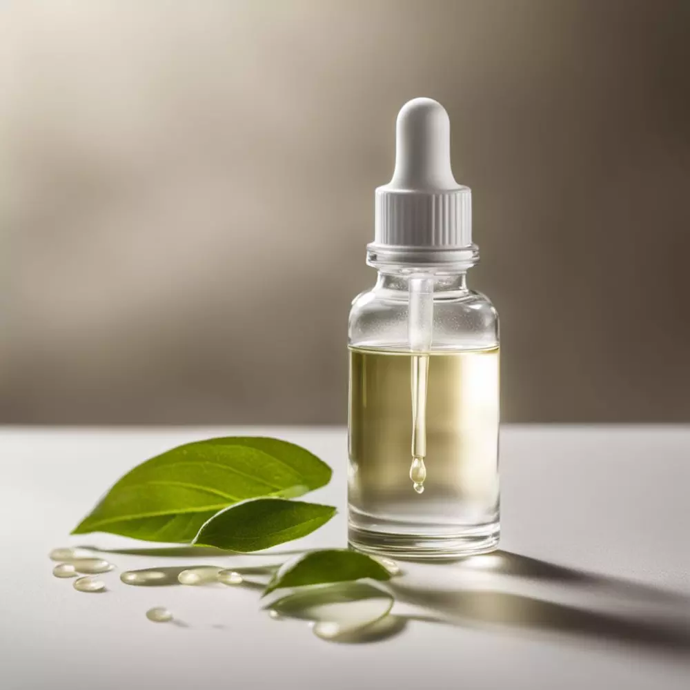 Nahaufnahme einer Flasche mit Hyaluronsäure-Serum und Pipette auf einem sauberen, neutralen Hintergrund, die die klare Flüssigkeit hervorhebt. Fotografisches Stillleben mit weichem Licht.