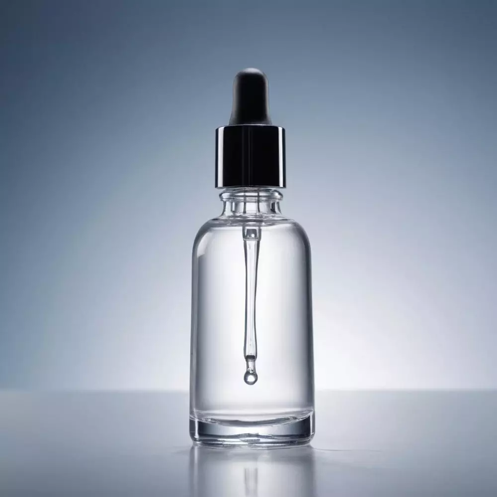 Nahaufnahme einer klaren Hyaluronsäure-Serumflasche mit Pipette, auf einem sauberen und hellen Hintergrund, fotografisch umgesetzt als hochauflösendes Digitalfoto mit Studiobeleuchtung.