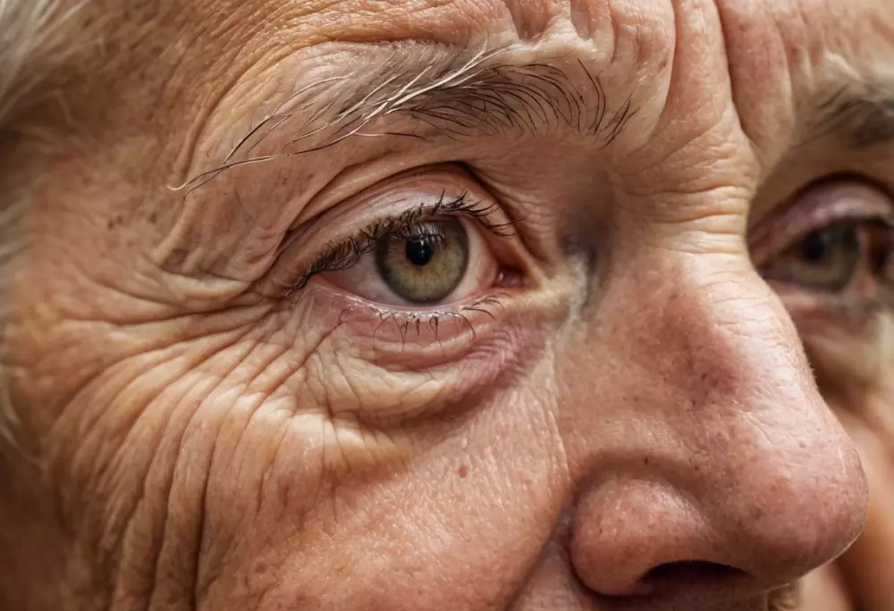 Nahaufnahme von gealterter Haut, die detaillierte Falten zeigt, fokussiert auf die Textur und feinen Linien im natürlichen Licht, in einem fotografischen Stil, der Makrofotografie mit hoher Detailgenauigkeit und Auflösung verwendet.