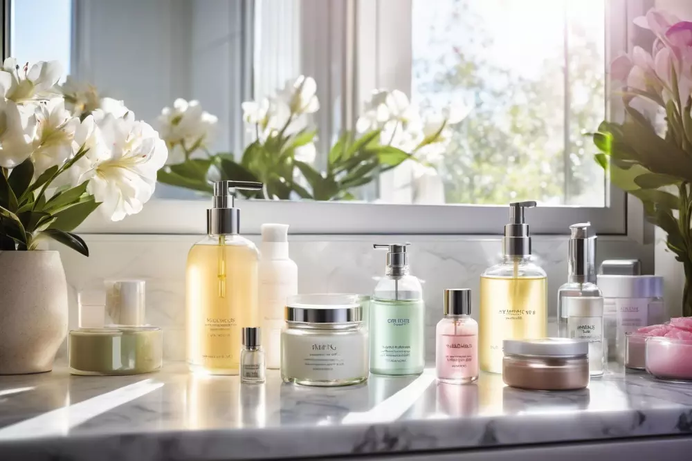 Hautpflegeprodukte auf dem Badezimmerschrank, eine Vielzahl von Anti-Aging-Cremes und Seren ordentlich auf einem Marmoruntersatz in einem hellen Badezimmer angeordnet, Fotografie, Fotografie mit einer mittleren Aufnahme, weichem Licht und hoher Auflösung.