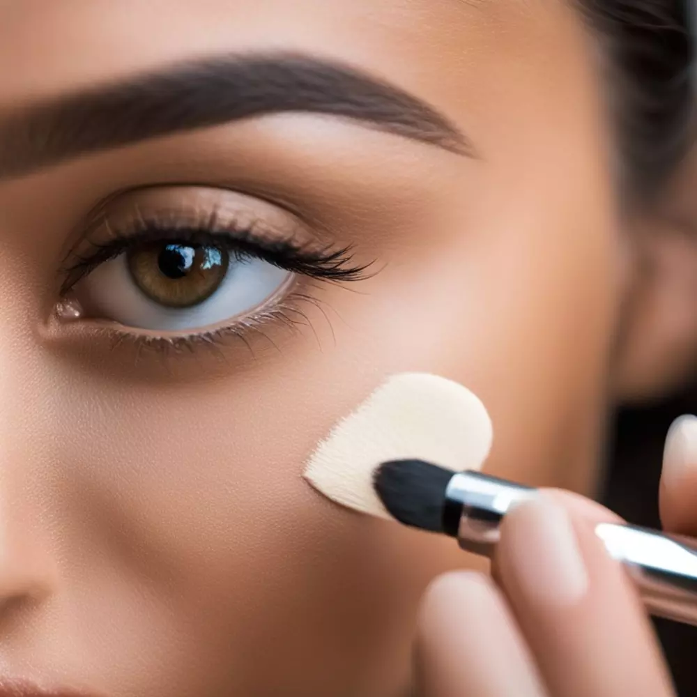Ein Nahaufnahme einer Frau, die Concealer unter ihre Augen aufträgt, mit Fokus auf den Augenbereich und den Applikator. Fotografiert in einer hellen, natürlichen Umgebung mit einem Makroobjektiv, um die Textur und die präzise Anwendung zu betonen.
