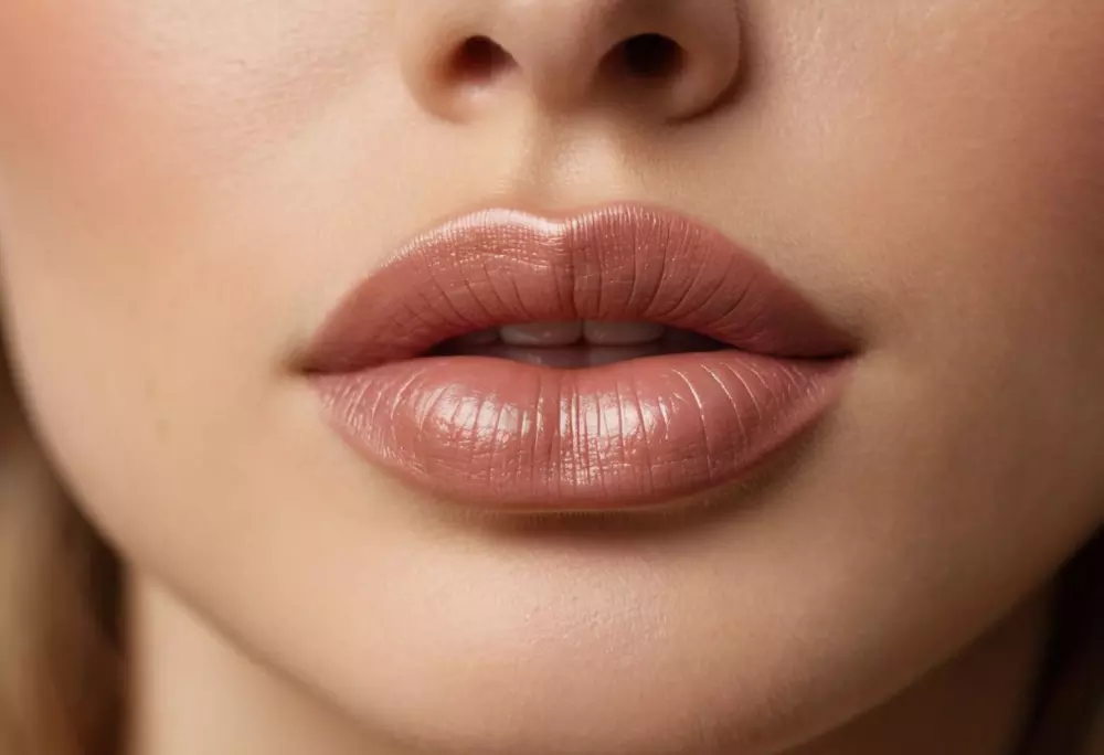 Nahaufnahme von vollen, natürlich aussehenden Lippen, die die glatte Textur und das gleichmäßige Volumen hervorheben, in einem sanft beleuchteten Studio. Fotografierter Stil umgesetzt mit einem Makro-Objektiv und einem weichen Bokeh-Hintergrund.