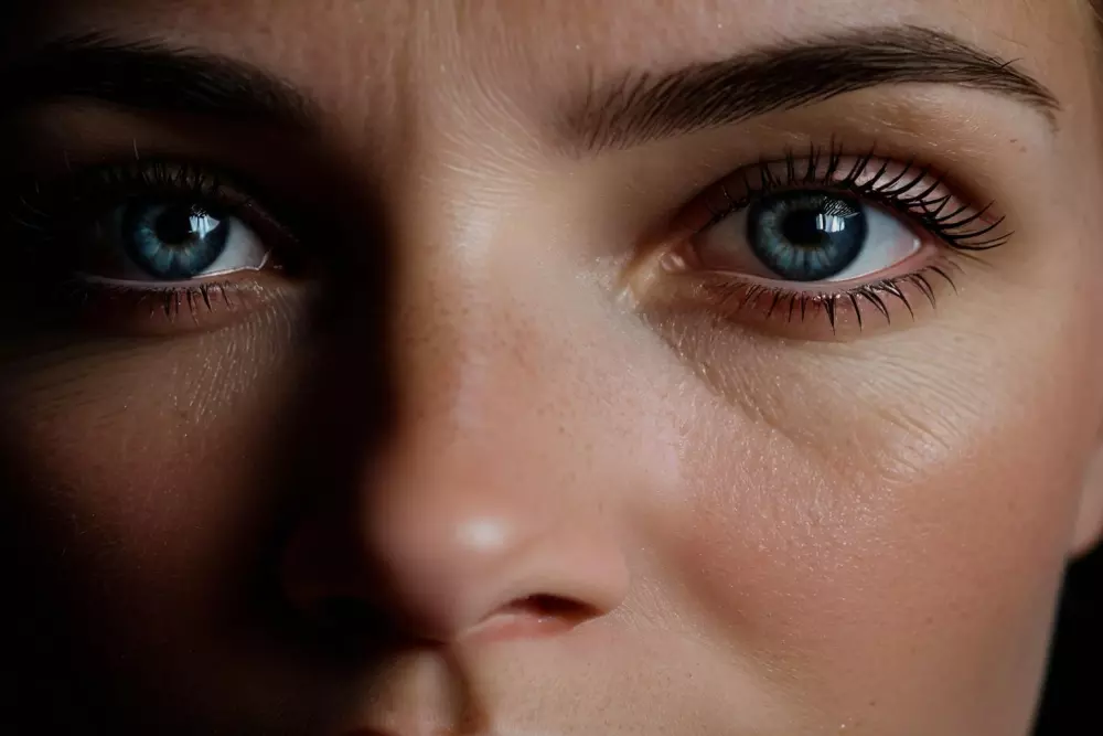 Nahaufnahme des Gesichts einer Person, die hängende Augenlider oder Augenbrauen als Nebenwirkung von Botox zeigt, in einer klinischen Atmosphäre, Fotografie, detailliertes Porträt mit Fokus auf die Augen unter Verwendung von weichem Umgebungslicht.