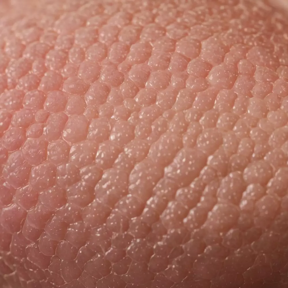 Eine detaillierte Nahaufnahme der menschlichen Haut, die Textur und Elastizität zeigt, in einer klinischen Umgebung, mit einem Fokus auf klare Hautdetails. Fotografie mit einem Makroobjektiv, scharfem Fokus, weichem Studio-Licht und hoher Auflösung.