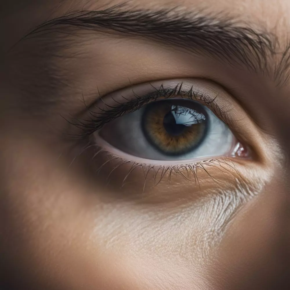 Tired eyes, close-up of under-eye area with dark circles, indicating fatigue or aging, neutral background, somber mood, Photographic, professional close-up with soft light.