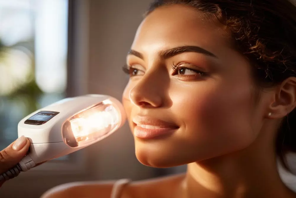 Nahaufnahme eines IPL-Haarentfernungsgeräts, das im Gesicht einer Person verwendet wird und dabei die Lichtemission und den Hautkontakt betont. Fotografiert in einer hellen, klinischen Umgebung, mit Fokus auf Klarheit und Detail.