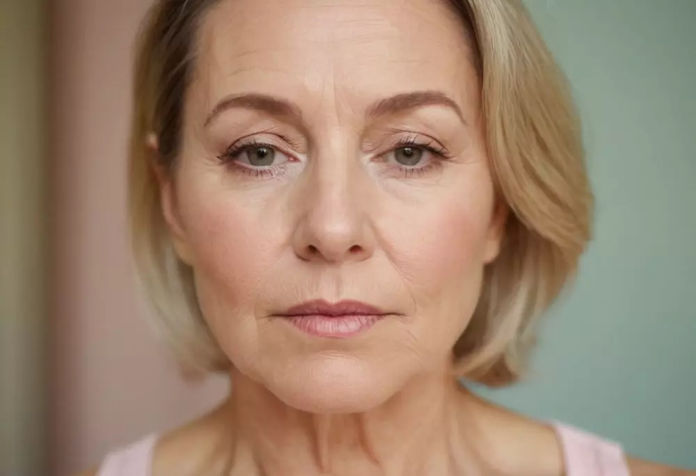 Bei einer Gesichtsgymnastikübung zeigt eine Frau mit reifer Haut eine Wangenhebeübung in einem ruhigen Raum mit Pastellfarben, Nahaufnahme, fotografischer Stil, aufgenommen im Tageslicht mit weichem Fokus, hoher Auflösung.