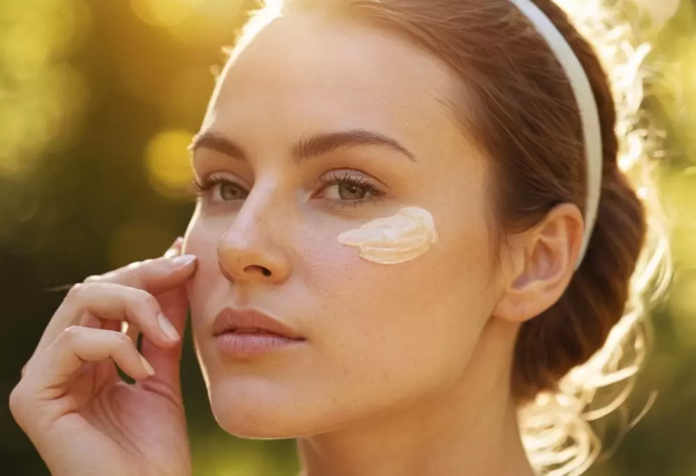Eine Person trägt Sonnencreme im Freien auf ihr Gesicht auf, mit einem sonnigen, natürlichen Hintergrund, festgehalten in einer Nahaufnahme bei hellem Tageslicht, in einem fotografischen Stil, der eine hochauflösende Kamera verwendet, um die Textur der Haut und der Sonnencreme hervorzuheben.