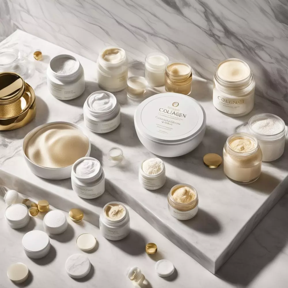 Eine Sammlung von Kollagen-Nahrungsergänzungsmitteln und Cremes auf einer Marmor-Arbeitsplatte, elegant angeordnet, um die Textur und Verpackung zu betonen, in einer hellen, luftigen Umgebung, aufgenommen mit einem 35-mm-Objektiv in einem detaillierten, hochauflösenden fotografischen Stil.