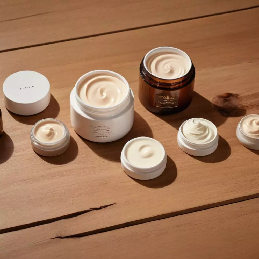 Verschiedene Hautstraffungscremes sind elegant auf einem minimalistischen Holztisch arrangiert, jede individuell verpackt, unter weichem Studiolicht, das die Texturen der Cremes hervorhebt. Fotografie mit einem Weitwinkelobjektiv, um alle Produkte in einer hochauflösenden Aufnahme zu erfassen.