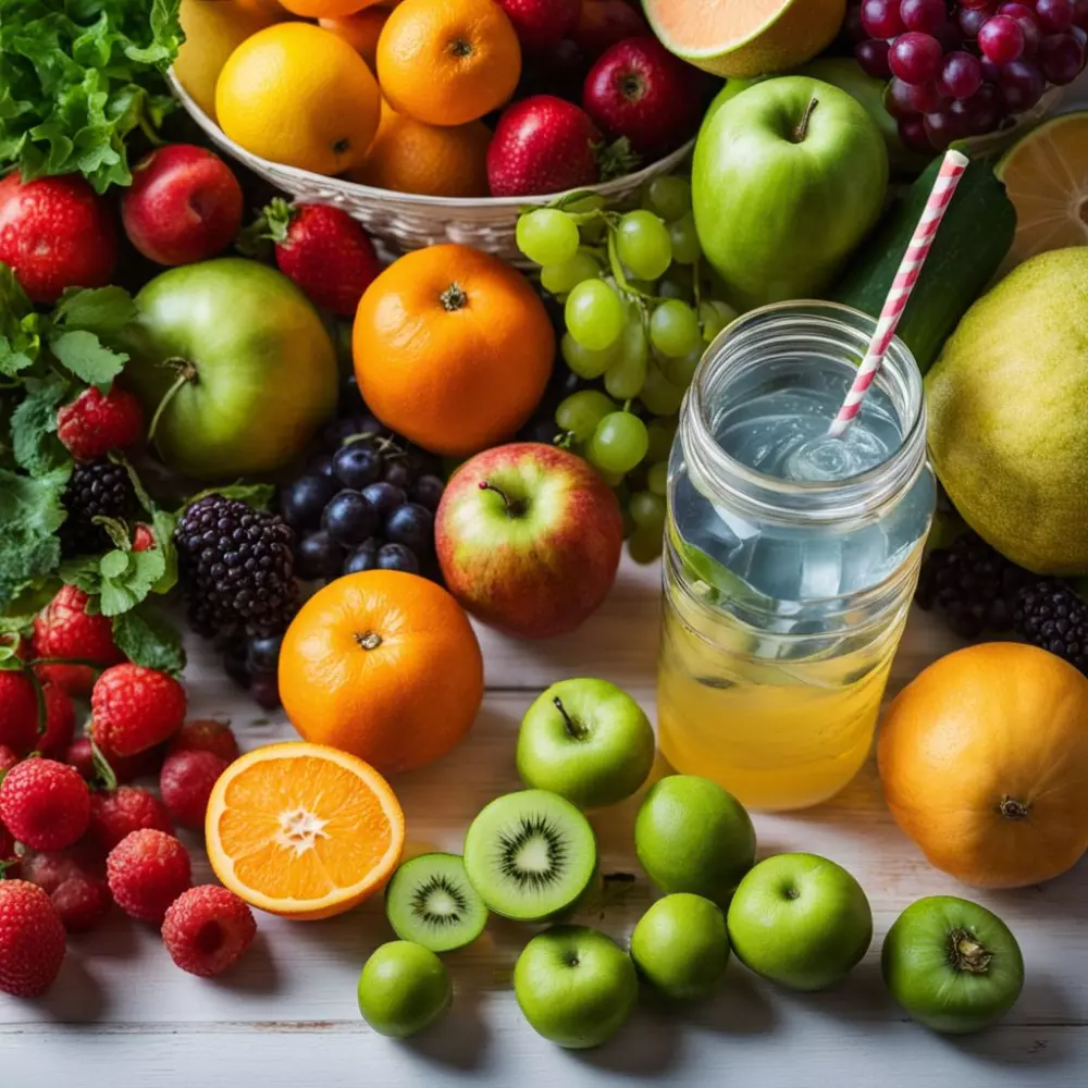 Fresh fruits, vegetables, and water on a table, emphasizing a healthy lifestyle, indoors with bright and cheerful lighting, a sense of well-being, Photographic, still life photography with vibrant colors and a clean, crisp look.