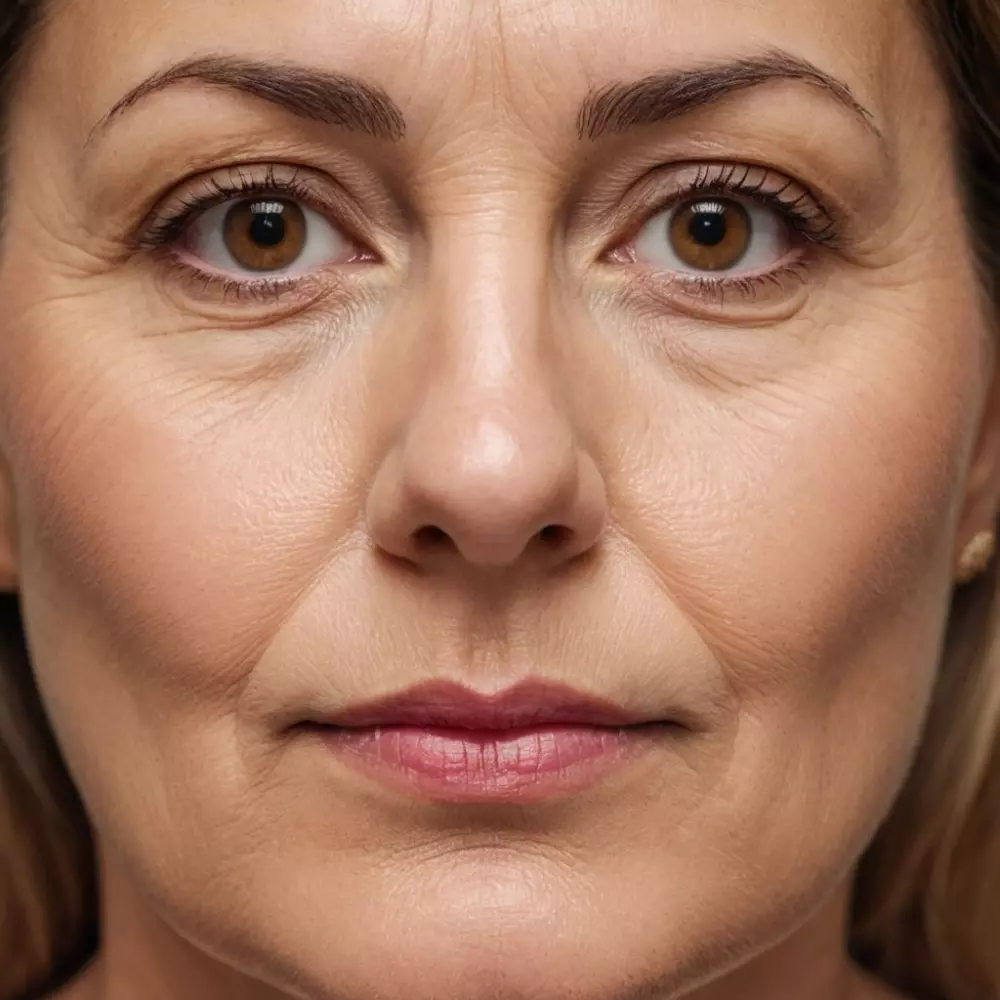 Vorher-Nachher-Vergleich der Nasolabialfalten einer mittelalterlichen Frau, klare Fokussierung auf den unteren Teil des Gesichts, zeigt signifikante Verbesserung. Fotografie, Nahaufnahme mit Makro-Objektiv, natürliches Licht, hohe Auflösung.