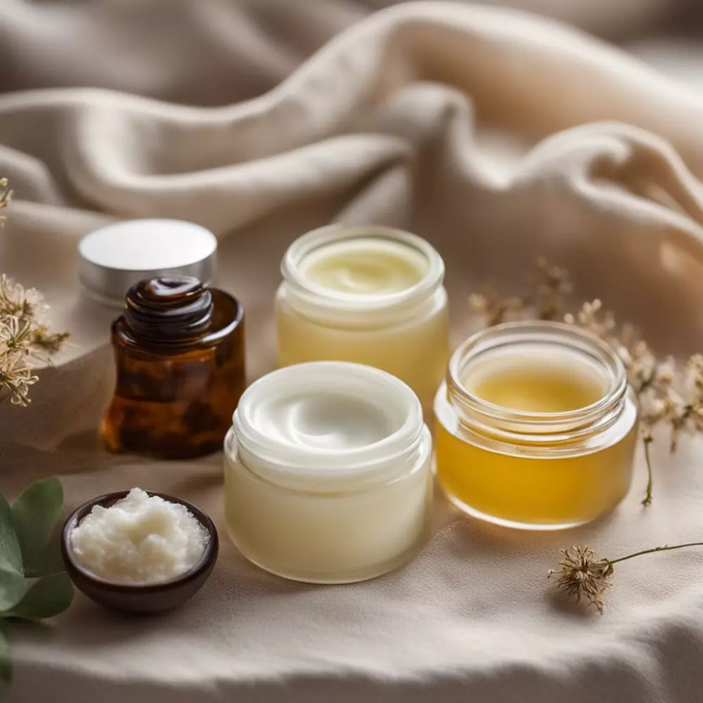 Close-up of natural skincare products like creams and oils with a focus on texture and natural ingredients, in a serene setting with soft light, Photographic, detailed product photography with a macro lens.