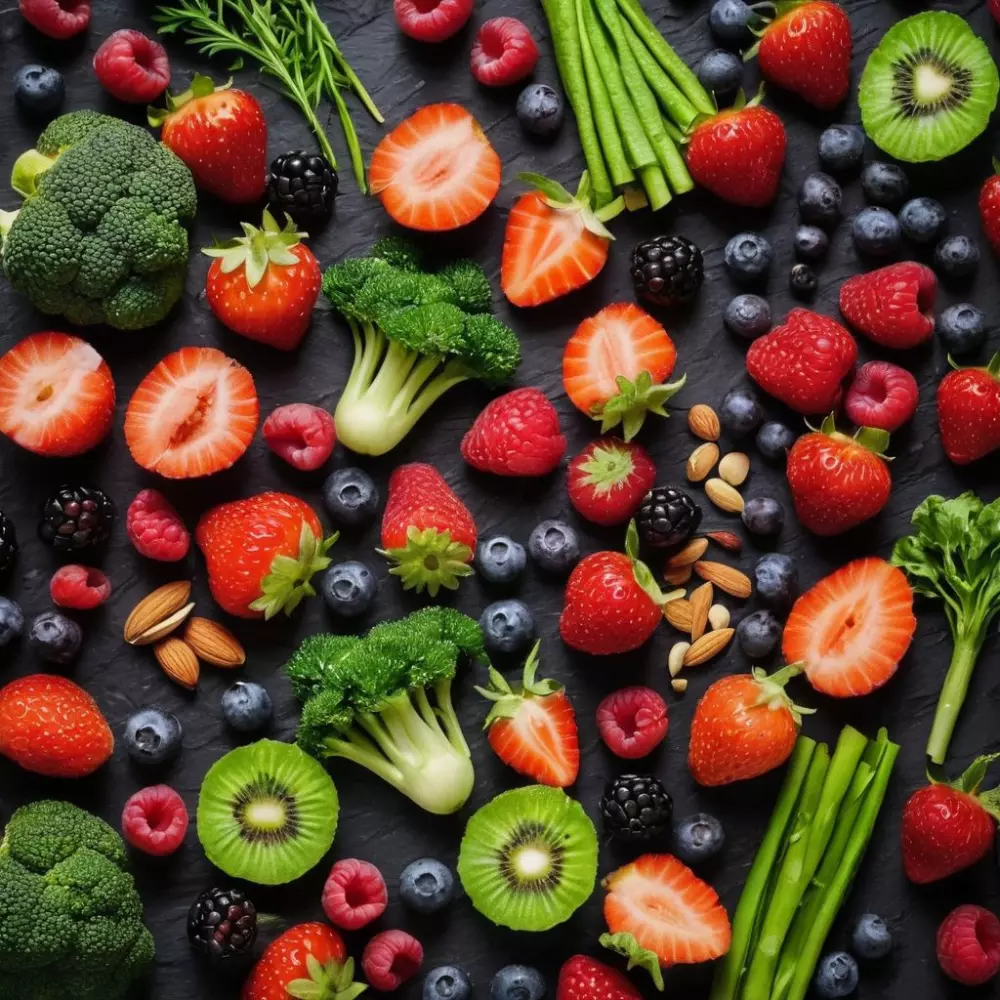 Eine Vielzahl von farbenfrohen, antioxidansreichen Lebensmitteln wie Beeren, Nüssen und grünem Gemüse, kunstvoll auf einem dunklen Schieferhintergrund arrangiert, in einem lebendigen, hochauflösenden Foto.