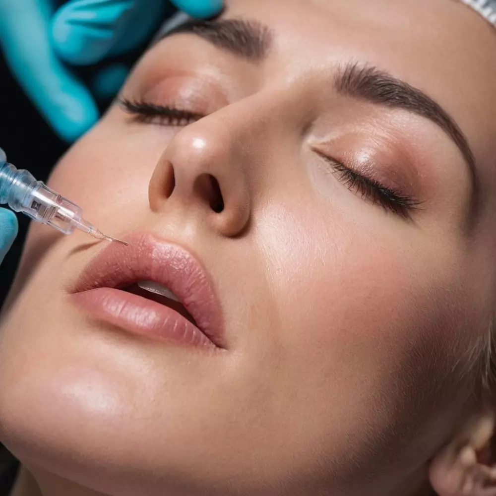 Nahaufnahme eines Profis, der eine Hyaluron-Injektion im Mundbereich eines Patienten in einer sauberen medizinischen Umgebung anwendet. Das Foto wurde als hochauflösende digitale Fotografie mit detailreicher klinischer Beleuchtung realisiert.