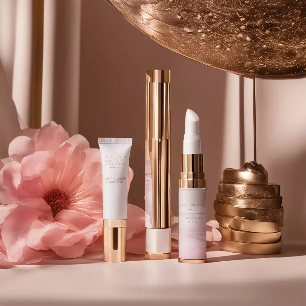 Nachsorgeprodukte für Lippeninjektionen werden auf einem weichen, hellen Hintergrund präsentiert, beruhigend und einladend, Fotografie in hoher Auflösung mit weichem Licht und einem beruhigenden Setup, um die beruhigende Wirkung der Produkte widerzuspiegeln.