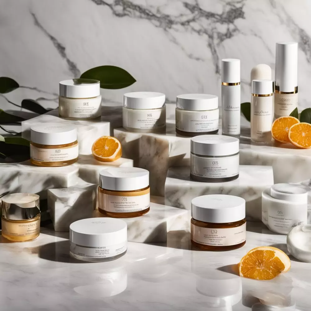 Ein Array verschiedener straffender Hautcremes, elegant auf einer Marmoroberfläche angeordnet, mit Fokus auf den Texturen und Verpackungen, fotografiert in hellem, sauberem Licht, um die Produktdetails zu betonen.
