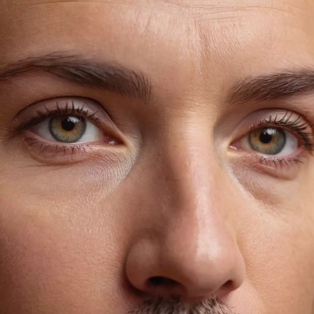 Nahaufnahme einer Stirn einer Person mit glatter Hautstruktur, bei sanftem natürlichem Licht, das das Fehlen von Falten hervorhebt, in einem hochauflösenden, detaillierten fotografischen Stil.