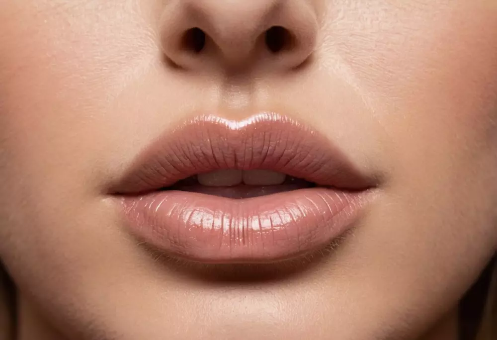Ein Nahaufnahme-Foto von Lippen vor und nach der Volumensteigerung mit Hyaluronsäure, das eine deutliche Fülle zeigt, aufgenommen bei natürlichem Licht, in einem fotografischen Stil, mit einer DSLR und einem Makro-Objektiv für Details.