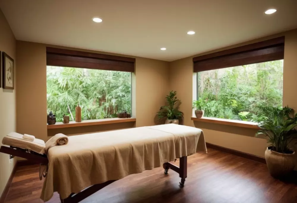 Peaceful and natural-looking medical spa or therapy room, suggesting a calming treatment experience, Photographic, realized through a wide-angle shot with natural lighting and serene details.