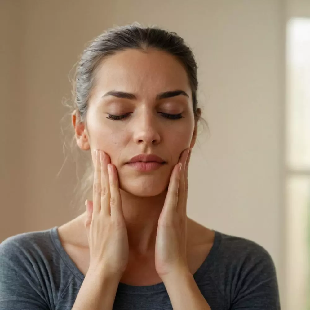 Eine Person führt Gesichtsyoga durch, konzentriert sich auf Wangenübungen, in einer ruhigen, Innenraumumgebung. Fotografie, hochauflösendes Porträt im natürlichen Morgenlicht aufgenommen.