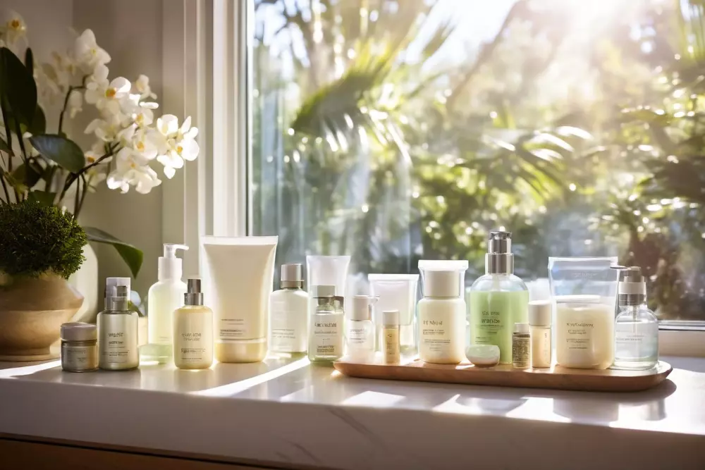 Ein Array von pflegenden Hautpflegeprodukten, ordentlich angeordnet auf einem makellosen Tresen in einer hellen, luftigen Spa-Umgebung. Fotografisch festgehalten mit scharfem Fokus und weichem natürlichem Licht.