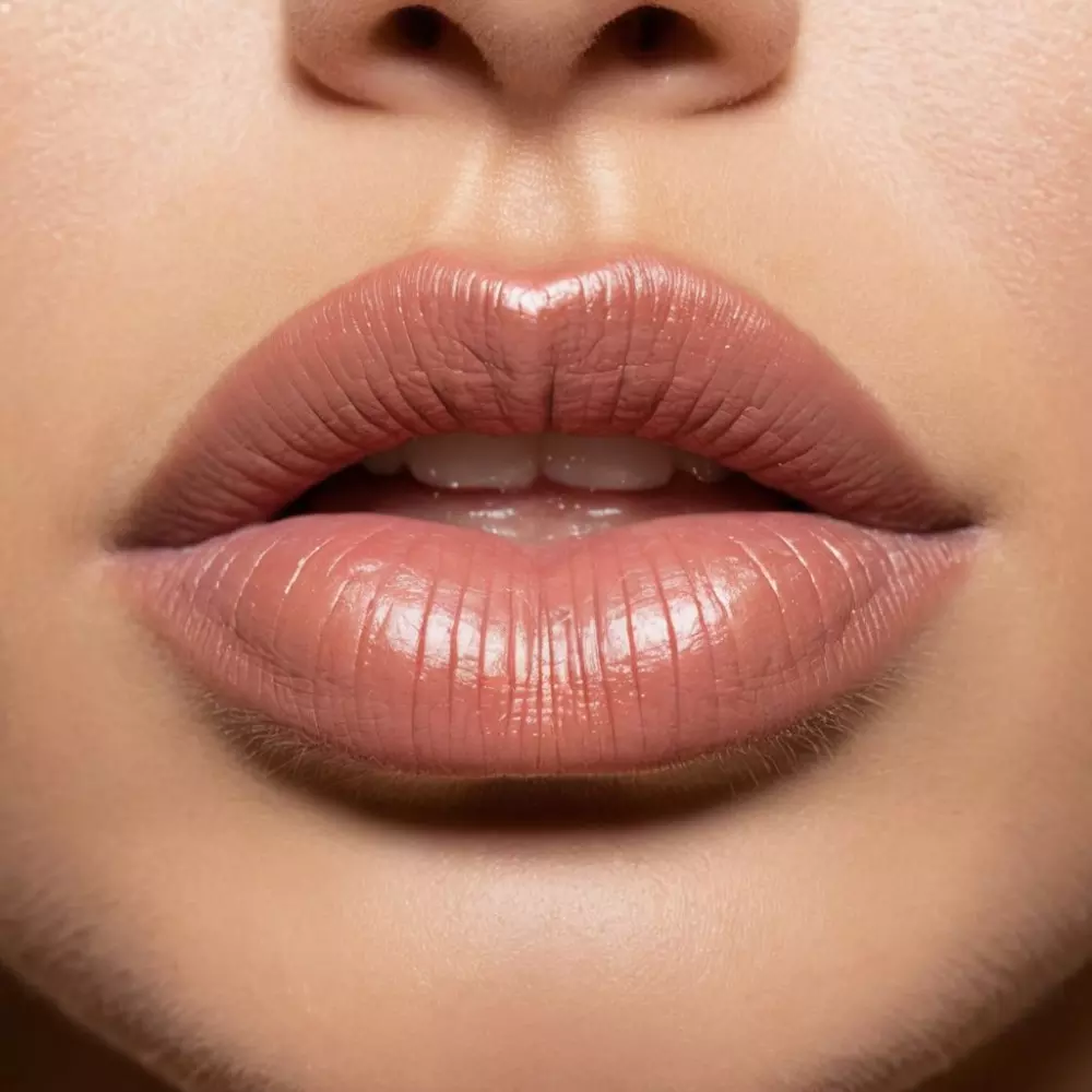 Nahaufnahme von natürlich aussehenden vollen Lippen nach der Vergrößerung, mit Fokus auf Symmetrie und natürlicher Füllung, bei weichem Studiolicht. Fotografischer Stil umgesetzt mit einem Makroobjektiv für detaillierte Textur.