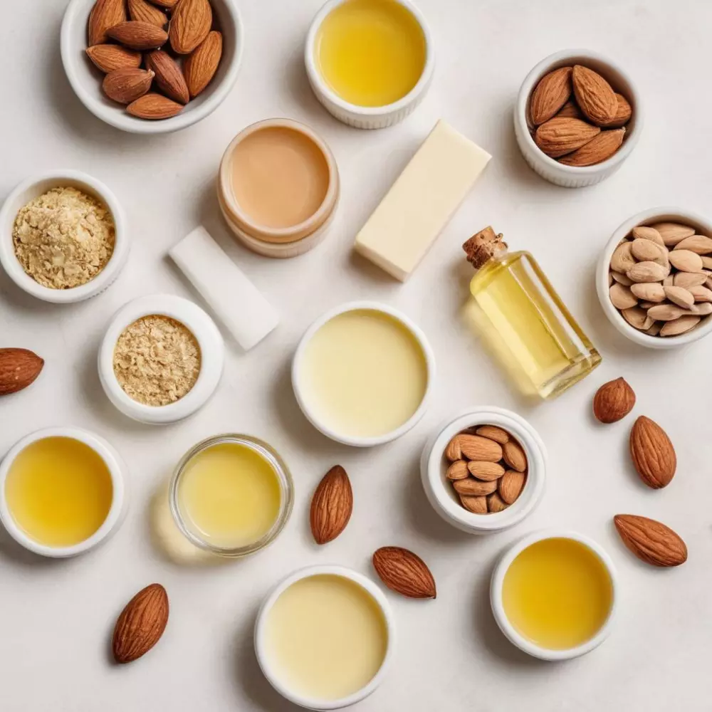 Ein Flatlay verschiedener Lippenpflege-Zutaten wie Sheabutter, Vitamin E und Mandelöl, ordentlich beschriftet auf einem sauberen weißen Hintergrund. Fotografie, hochauflösendes Flatlay mit scharfem Fokus und gleichmäßiger Studiobeleuchtung zur Verbesserung der Klarheit.
