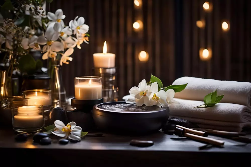 Eine ruhige Spa-Umgebung mit Gesichtsbehandlungswerkzeugen, die unter sanftem Umgebungslicht ausgelegt sind. Fotografie mit einem mittleren Teleobjektiv, um die sanfte Atmosphäre des Spas einzufangen.