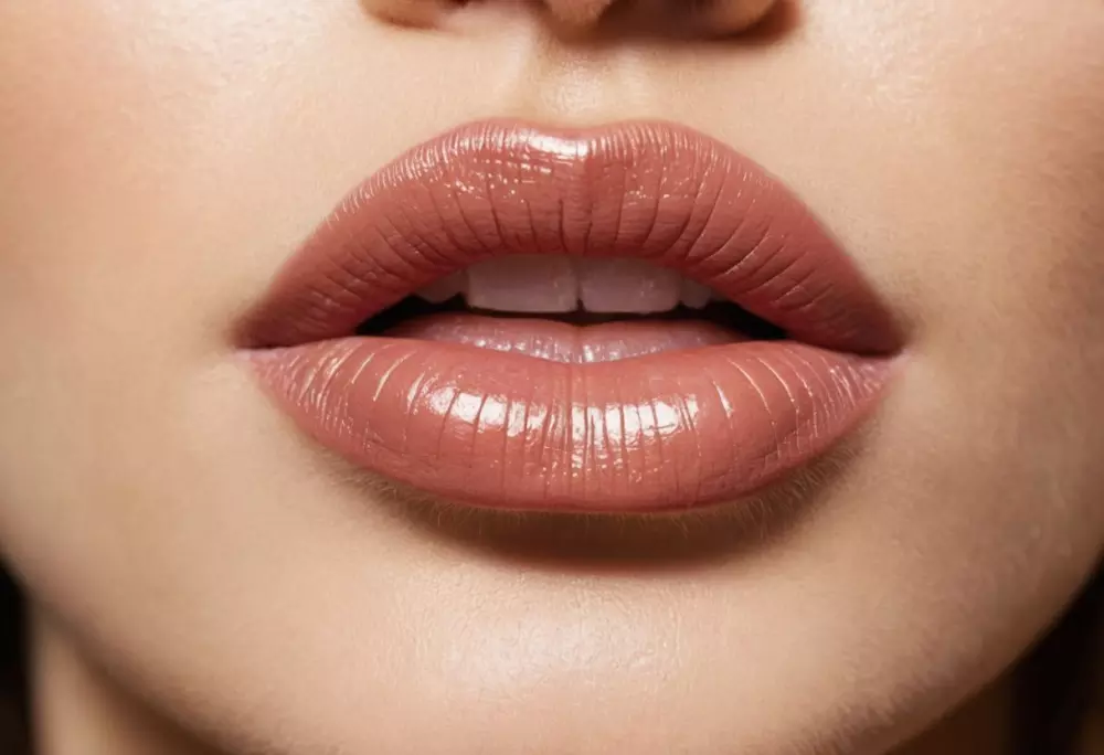 Close-up of a woman's lips post-PRP treatment showcasing natural volume and shape, in a bright setting, Photographic, Photography with a macro lens and soft focus.