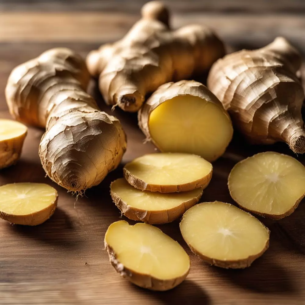 Frische Ingwerwurzel auf einem hellen Holzbrett, der Fokus liegt auf der strukturierten Oberfläche des Ingwers, Nahaufnahme, fotografisch, natürliches Licht beleuchtet die komplexen Details der Ingwerhaut in hoher Auflösung.
