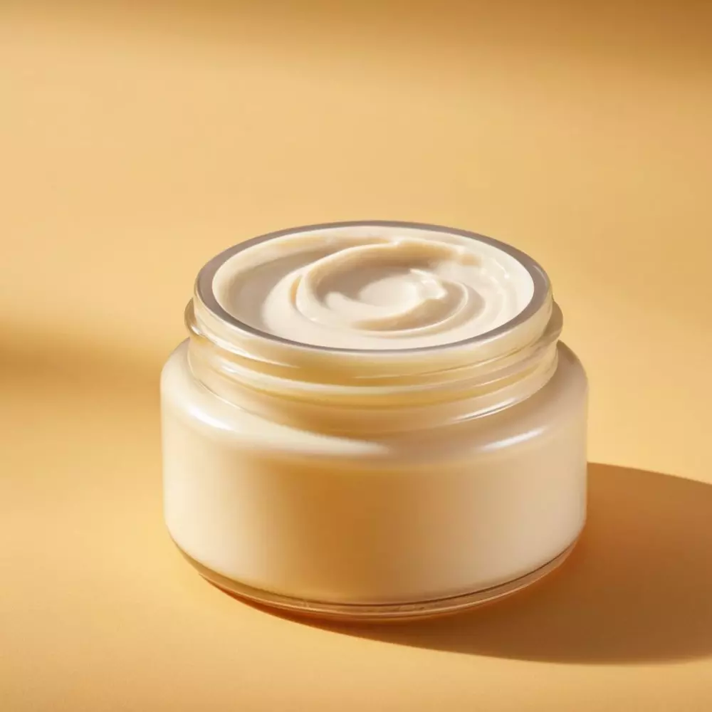 Feuchtigkeitscreme-Dose, Nahaufnahme einer geöffneten Dose mit reichhaltiger Feuchtigkeitscreme und einer cremigen Textur, platziert auf einem ruhigen, sanft gefärbten Hintergrund, ein Gefühl von Pflege und Nährstoffen, Fotografische, Makroaufnahme mit Fokus auf detaillierter Textur.