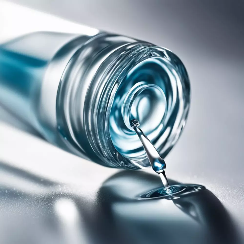 Eine Nahaufnahme einer Flasche mit Hyaluronsäure-Serum und Pipette, vor einem sauberen, hellen Hintergrund, betont die Klarheit des Serums, eingefangen in einer Makroaufnahme mit hoher Detailgenauigkeit und weichem Licht, im fotografischen Stil.