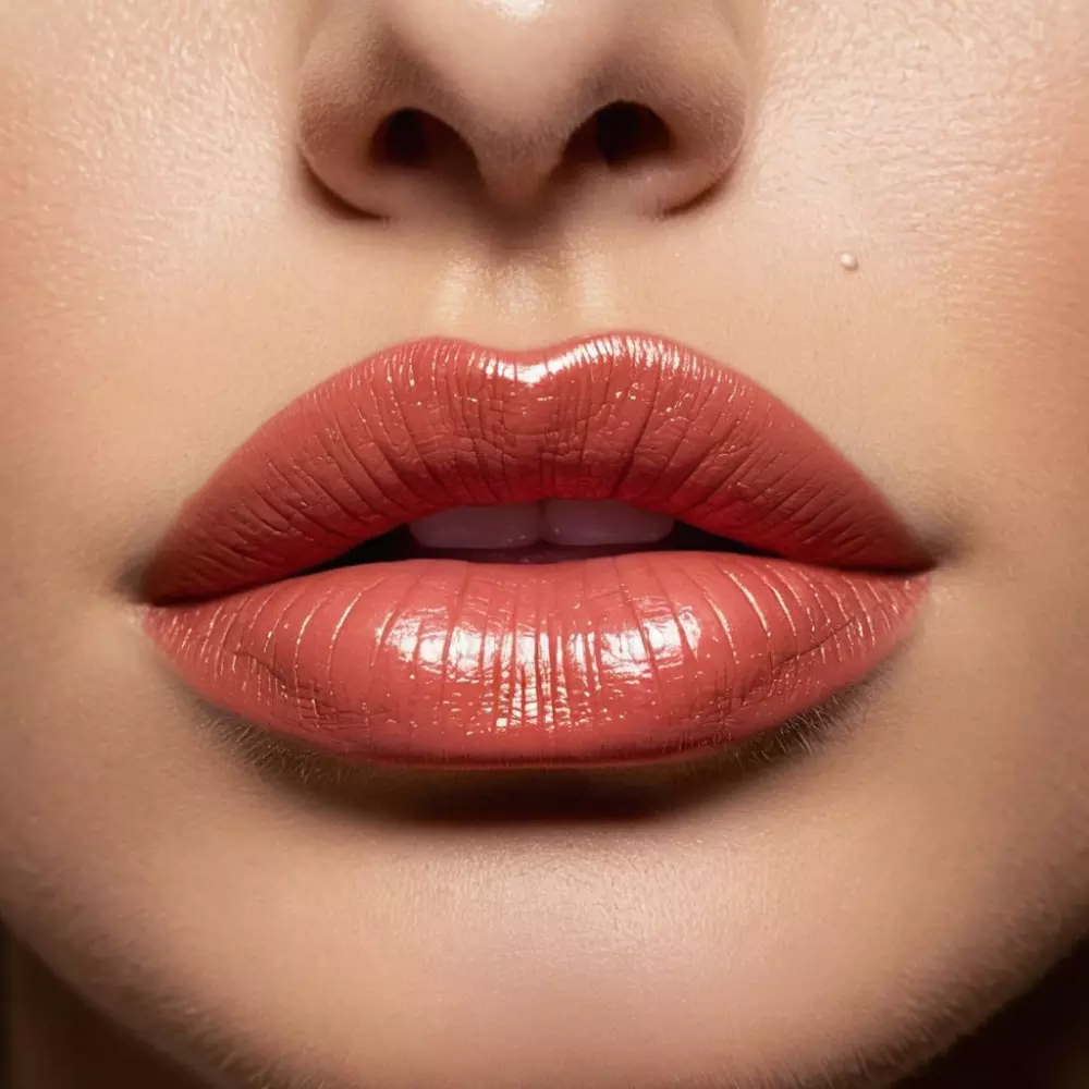 Nahaufnahme von künstlerisch geschminkten Lippen, um sie voller erscheinen zu lassen, unter Verwendung von Make-up, Betonung der Textur und Farben des Make-ups, Studio-Beleuchtung, lebendig und ansprechend, fotografisch umgesetzt mit einem detaillierten Makroobjektiv.