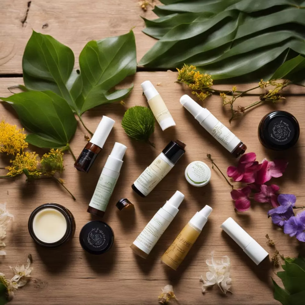 Mehrere zu 100% natürliche Lippenpflegeprodukte, angeordnet auf einer hölzernen Oberfläche, umgeben von natürlichen Elementen wie Blättern und Blumen. Fotografie, detailliertes Stillleben mit natürlichem Licht, das den umweltfreundlichen Aspekt hervorhebt.